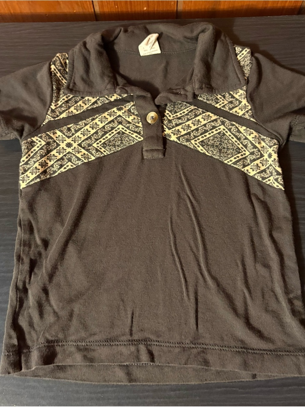 kate quinn Brown Polo Top with Cream Patterned Yoke
